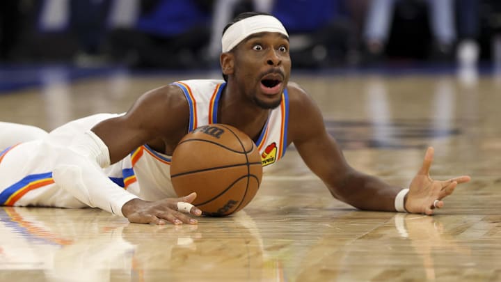 Mar 17, 2026; Orlando, Florida, USA; Oklahoma City Thunder guard Shai Gilgeous-Alexander (2) reacts after a loose ball against the Orlando Magic in the second quarter at Kia Center. Mandatory Credit: Nathan Ray Seebeck-Imagn Images
