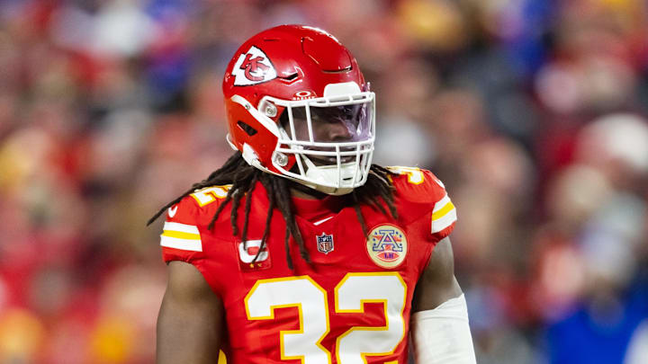 Jan 26, 2025; Kansas City, MO, USA; Kansas City Chiefs linebacker Nick Bolton (32) against the Buffalo Bills in the AFC Championship game at GEHA Field at Arrowhead Stadium. Mandatory Credit: Mark J. Rebilas-Imagn Images