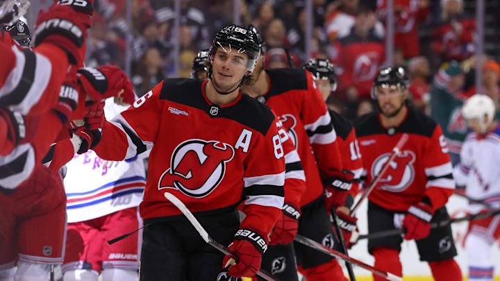 New Jersey Devils center Jack Hughes (86) celebrates his goal against the New York Rangers. Mandatory Credit: Ed Mulholland-Imagn Images