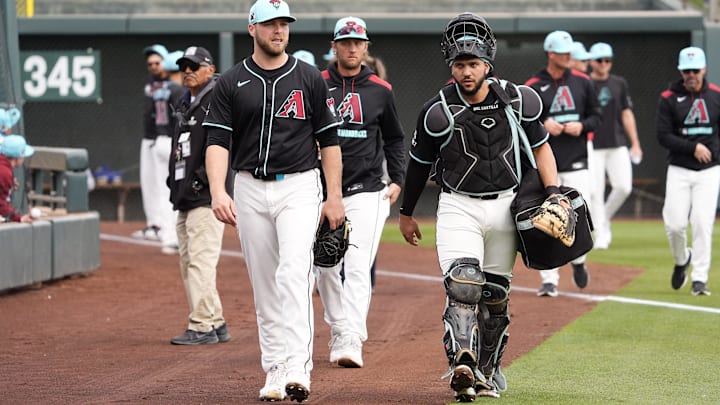 Arizona Diamondbacks pitcher Corbin Burnes leaves the bullpen before he faces the Chicago Cubs during a spring training game at Salt River Fields on March 3, 2025.