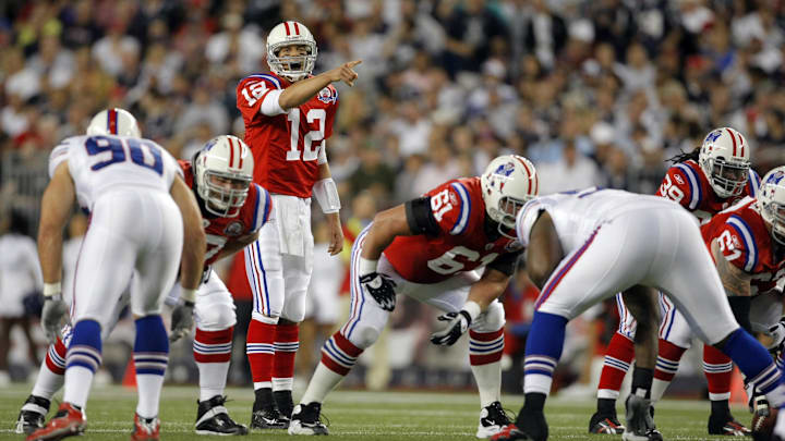 Sep 14, 2009; Foxborough, MA, USA; New England Patriots quarterback Tom Brady (12) calls out before the play as they take on the Buffalo Bills during the first period at Gillette Stadium. The Patriots defeated the Bills 25-24. Mandatory Credit: David Butler II-Imagn Images