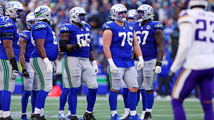 Nov 30, 2025; Seattle, Washington, USA; Seattle Seahawks guard Grey Zabel (76) reacts after an interception during the second half against the Minnesota Vikings at Lumen Field. Nov 30, 2025; Seattle, Washington, USA; Seattle Seahawks guard Grey Zabel (76) reacts after an interception during the second half against the Minnesota Vikings at Lumen Field.