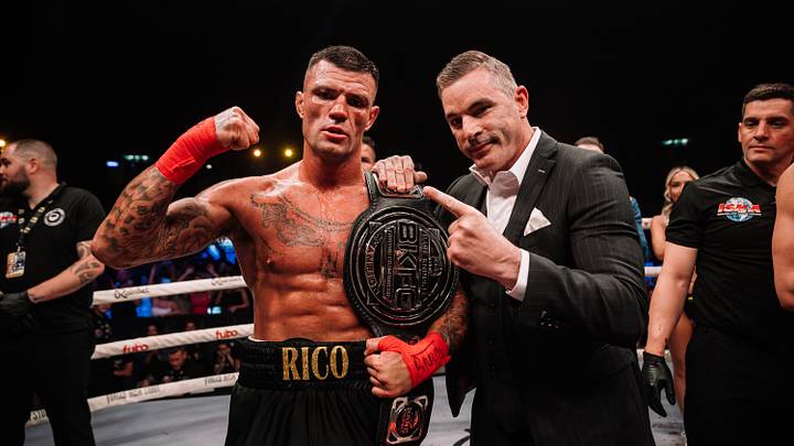 Rico Franco (left) with BKFC president David Feldman (right) after beating Connor Tierney to win the interim welterweight title at BKFC 90. Rico Franco (left) with BKFC president David Feldman (right) after beating Connor Tierney to win the interim welterweight title at BKFC 90.