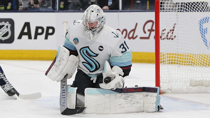 Jan 9, 2025; Columbus, Ohio, USA; Seattle Kraken goalie Philipp Grubauer (31) makes a glove save against the Columbus Blue Jackets during the second period at Nationwide Arena. Mandatory Credit: Russell LaBounty-Imagn Images Jan 9, 2025; Columbus, Ohio, USA; Seattle Kraken goalie Philipp Grubauer (31) makes a glove save against the Columbus Blue Jackets during the second period at Nationwide Arena. Mandatory Credit: Russell LaBounty-Imagn Images