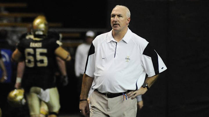 Nov 12, 2010; Moscow, ID, USA;Idaho Vandals head coach Robb Akey looks on as the Boise State Broncos celebrate their 52-14 victory at the Kibbie Dome. Mandatory Credit: James Snook-Imagn Images Nov 12, 2010; Moscow, ID, USA;Idaho Vandals head coach Robb Akey looks on as the Boise State Broncos celebrate their 52-14 victory at the Kibbie Dome. Mandatory Credit: James Snook-Imagn Images