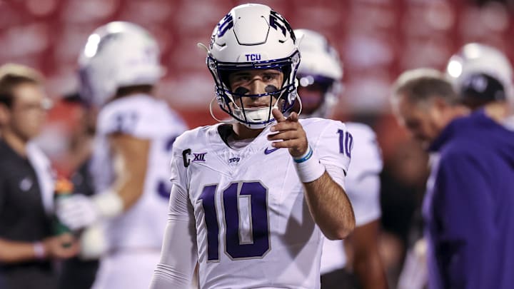 Oct 19, 2024; Salt Lake City, Utah, USA; TCU Horned Frogs quarterback Josh Hoover (10) warms up before a game against the Utah Utes at Rice-Eccles Stadium. Mandatory Credit: Rob Gray-Imagn Images
