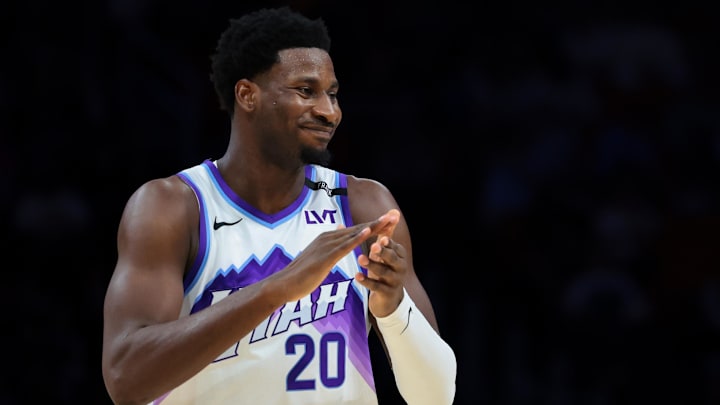 Feb 9, 2026; Miami, Florida, USA; Utah Jazz forward Jaren Jackson Jr. (20) reacts against the Miami Heat during the first quarter at Kaseya Center. Mandatory Credit: Sam Navarro-Imagn Images