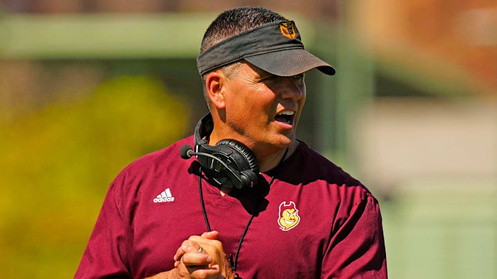 Arizona State defensive coordinator Brian Ward runs a drill for his secondary during the first day of fall practice in Tempe, Ariz. on July 30, 2025.