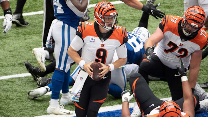 Oct 18, 2020; Indianapolis, IN, USA; Cincinnati Bengals quarterback Joe Burrow (9) celebrates after