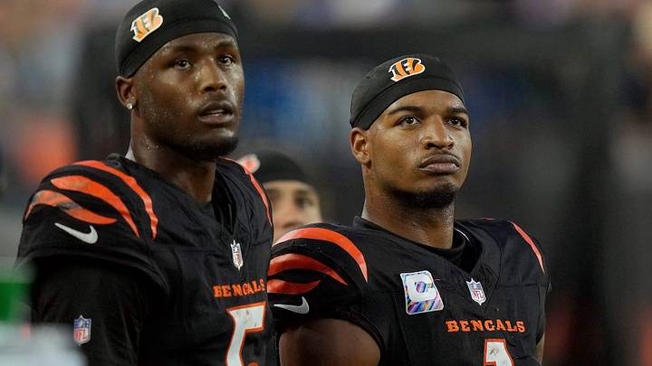Cincinnati Bengals wide receiver Tee Higgins (5) and wide receiver Ja'Marr Chase (1) watch the score board as their team lose to the Detroit Lions 24-37 at Paycor Stadium on October 5, 2025. Cincinnati Bengals wide receiver Tee Higgins (5) and wide receiver Ja'Marr Chase (1) watch the score board as their team lose to the Detroit Lions 24-37 at Paycor Stadium on October 5, 2025.