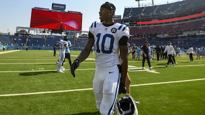 Sep 21, 2025; Nashville, Tennessee, USA; Indianapolis Colts wide receiver Adonai Mitchell (10) after the game at Nissan Stadium. Mandatory Credit: Steve Roberts-Imagn Images