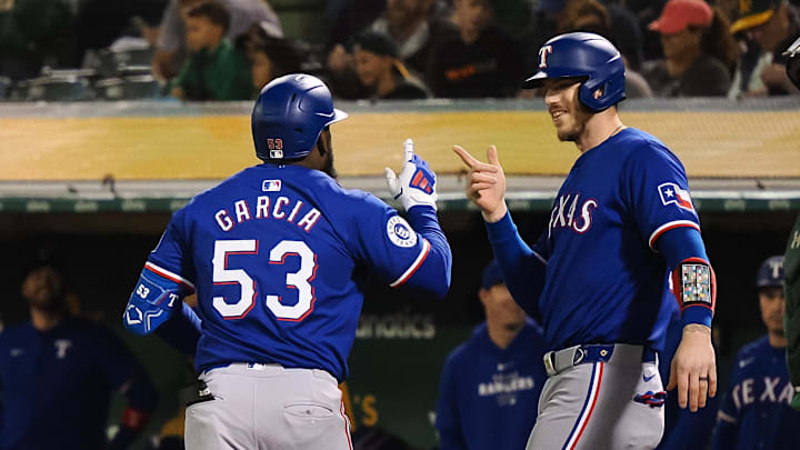 Sep 25, 2024; Oakland, California, USA; Texas Rangers right fielder Adolis Garcia (53) celebrates with catcher Jonah Heim (28) after batting him in on a two-run home run against the Oakland Athletics during the third inning at Oakland-Alameda County Coliseum. Mandatory Credit: Kelley L Cox-Imagn Images Sep 25, 2024; Oakland, California, USA; Texas Rangers right fielder Adolis Garcia (53) celebrates with catcher Jonah Heim (28) after batting him in on a two-run home run against the Oakland Athletics during the third inning at Oakland-Alameda County Coliseum. Mandatory Credit: Kelley L Cox-Imagn Images