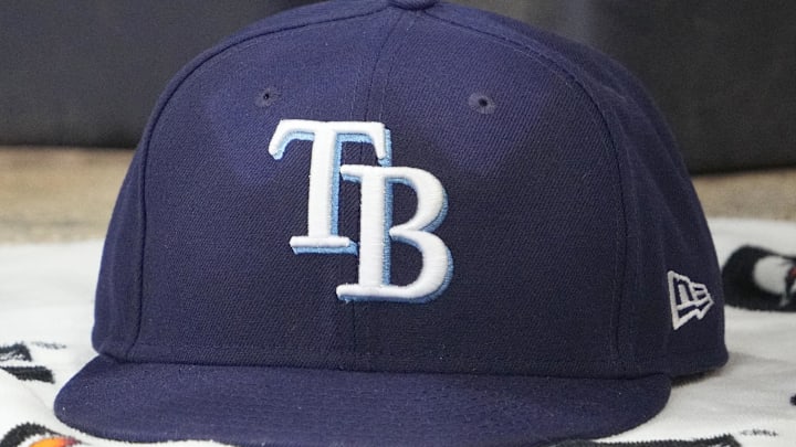 Mar 30, 2026; Milwaukee, Wisconsin, USA; A detailed view of the Tampa Bay Rays hat at American Family Field. 