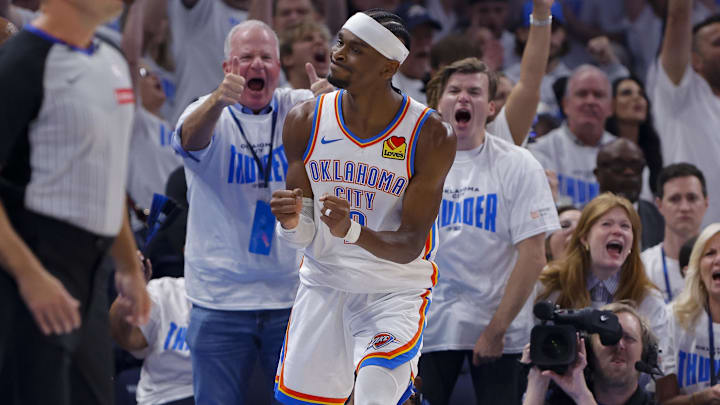 Jun 5, 2025; Oklahoma City, Oklahoma, USA; Oklahoma City Thunder guard Shai Gilgeous-Alexander (2) celebrates making a basket against the Indiana Pacers during the first quarter during game one of the 2025 NBA Finals at Paycom Center. Mandatory Credit: Alonzo Adams-Imagn Images