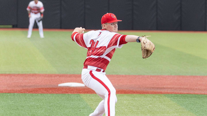 Louisville pitcher Wyatt Danilowicz winds up on the mound during the NCAA baseball Super Regional game 2 at Jim Patterson Stadium on June 7, 2025 in Louisville, Ky.