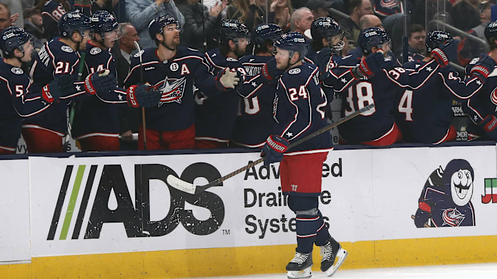 Feb 25, 2025; Columbus, Ohio, USA; Columbus Blue Jackets center Mathieu Olivier (24) celebrates his goal against the Dallas Stars during the first period at Nationwide Arena. Mandatory Credit: Russell LaBounty-Imagn Images
