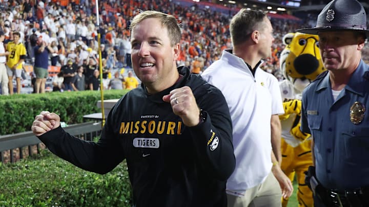 Oct 18, 2025; Auburn, Alabama, USA; Missouri Tigers head coach Eli Drinkwitz celebrates after his team beat the Auburn Tigers in overtime at Jordan-Hare Stadium. Mandatory Credit: John Reed-Imagn Images Oct 18, 2025; Auburn, Alabama, USA; Missouri Tigers head coach Eli Drinkwitz celebrates after his team beat the Auburn Tigers in overtime at Jordan-Hare Stadium. Mandatory Credit: John Reed-Imagn Images