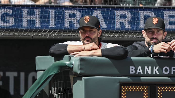 Apr 8, 2026; San Francisco, California, USA; San Francisco Giants Manager Tony Vitello looks on from the dugout in the bottom of the sixth inning against the Philadelphia Phillies at Oracle Park. Mandatory Credit: Justine Willard-Imagn Images