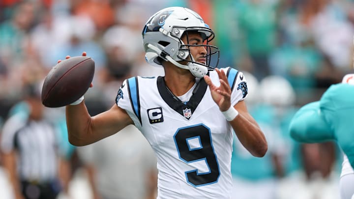 Carolina Panthers quarterback Bryce Young (9) throws a pass during the first quarter against the Miami Dolphins at Bank of America Stadium. Carolina Panthers quarterback Bryce Young (9) throws a pass during the first quarter against the Miami Dolphins at Bank of America Stadium.