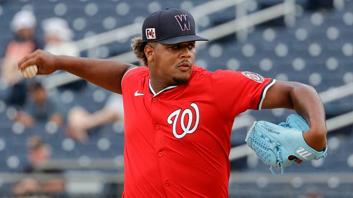 Feb 22, 2025; West Palm Beach, Florida, USA; Washington Nationals right-handed pitcher Jarlin Susana throws a pitch in the sixth inning against the Houston Astros at CACTI Park of the Palm Beaches. Mandatory Credit: Reinhold Matay-Imagn Images Feb 22, 2025; West Palm Beach, Florida, USA; Washington Nationals right-handed pitcher Jarlin Susana throws a pitch in the sixth inning against the Houston Astros at CACTI Park of the Palm Beaches. Mandatory Credit: Reinhold Matay-Imagn Images