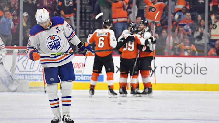 Oct 19, 2023; Philadelphia, Pennsylvania, USA; Edmonton Oilers center Leon Draisaitl (29) skates