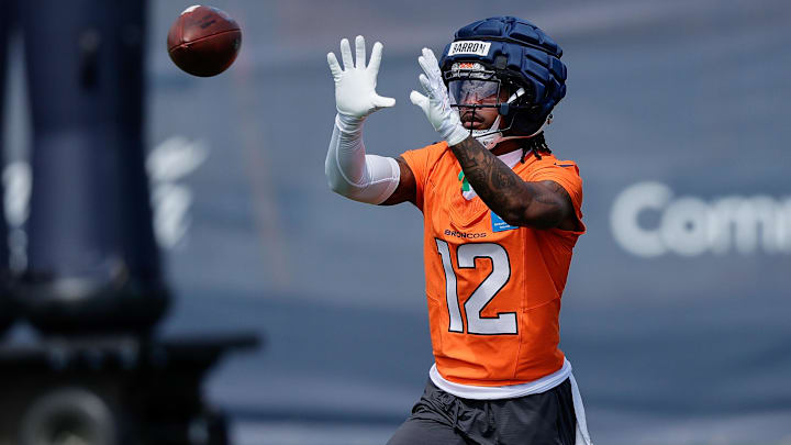 Jul 24, 2025; Englewood, CO, USA; Denver Broncos cornerback Jahdae Barron (12) during Denver Broncos Training Camp. Jul 24, 2025; Englewood, CO, USA; Denver Broncos cornerback Jahdae Barron (12) during Denver Broncos Training Camp.
