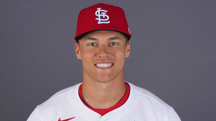 Feb 20, 2025; Jupiter, FL, USA;  St. Louis Cardinals infielder JJ Wetherholt (87). Mandatory Credit: Jim Rassol-Imagn Images