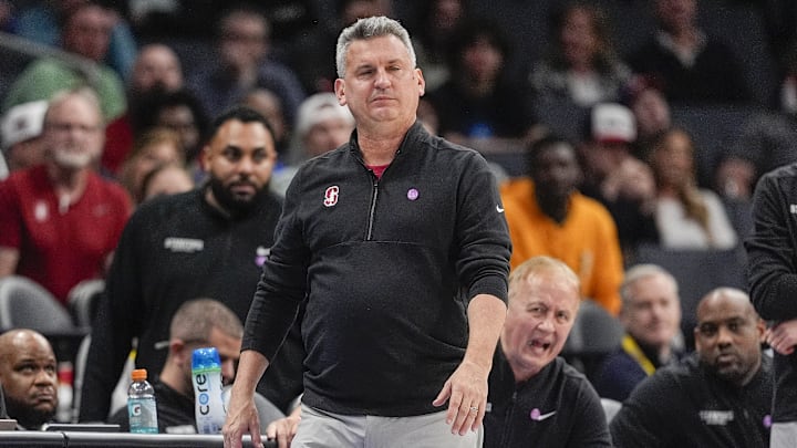 Mar 13, 2025; Charlotte, NC, USA; Stanford Cardinal head coach Kyle Smith during the second half against the Louisville Cardinals at Spectrum Center. Mandatory Credit: Jim Dedmon-Imagn Images