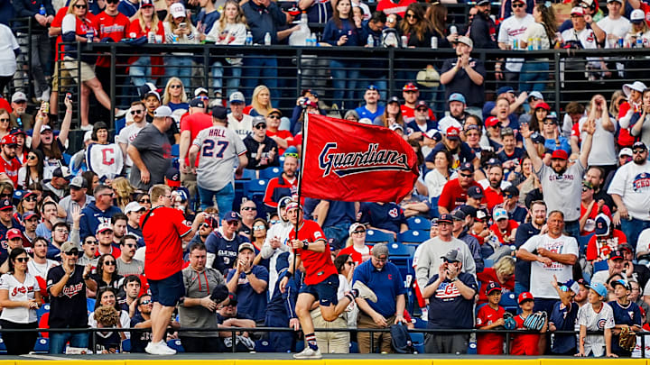 Gaurdians fans celebrate during the home opener against the Chicago Cubs, April 4, 2026, in Cleveland.