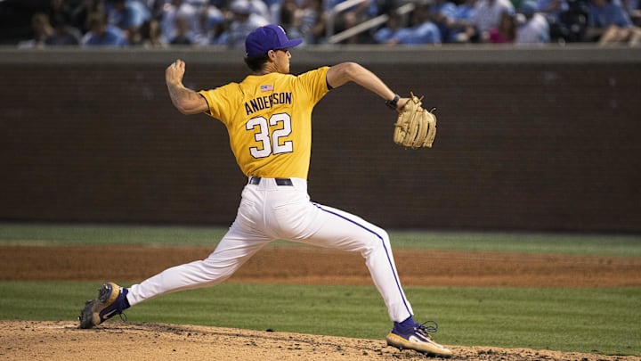 Jun 2, 2024; Chapel Hill, NC, USA; Louisiana State Tigers Kade Anderson (32) pitches against the North Carolina Tar Heels in the eighth inning of the Div. I NCAA baseball regional at Boshamer Stadium. Mandatory Credit: Jeffrey Camarati-Imagn Images
Jun 2, 2024; Chapel Hill, NC, USA; Louisiana State Tigers Kade Anderson (32) pitches against the North Carolina Tar Heels in the eighth inning of the Div. I NCAA baseball regional at Boshamer Stadium. Mandatory Credit: Jeffrey Camarati-Imagn Images