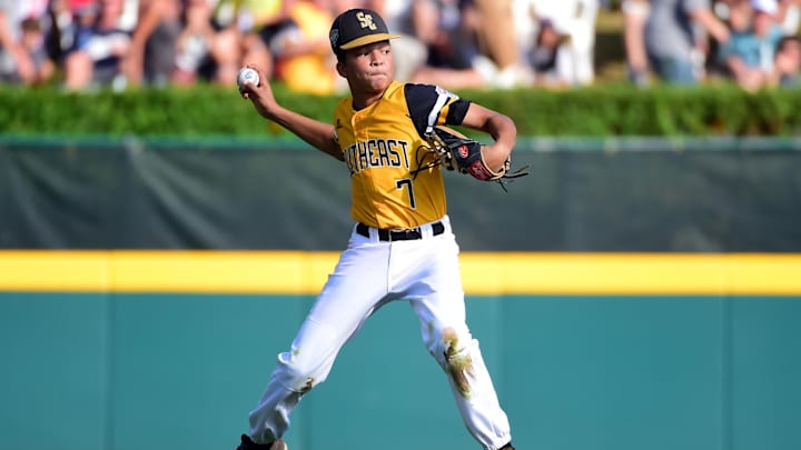 Southeast Region shortstop Tai Peete throws during a Little League World Series game against the West Region on Aug. 25, 2018, at Howard J. Lamade Stadium.