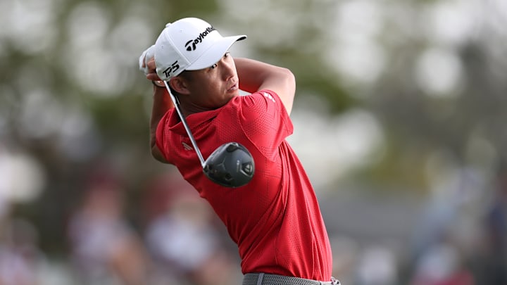 Collin Morikawa tees off during the third round of the 2025 Arnold Palmer Invitational Presented By Mastercard