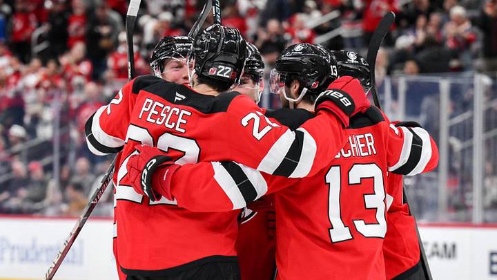 New Jersey Devils defenseman Luke Hughes (43) celebrates with teammates after scoring a goal against the New York Rangers during the second period at Prudential Center. Mandatory Credit: John Jones-Imagn Images New Jersey Devils defenseman Luke Hughes (43) celebrates with teammates after scoring a goal against the New York Rangers during the second period at Prudential Center. Mandatory Credit: John Jones-Imagn Images