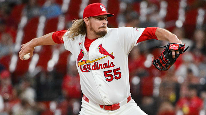 Apr 14, 2026; St. Louis, Missouri, USA; St. Louis Cardinals pitcher Ryne Stanek (55) pitches against the Cleveland Guardians during the eighth inning at Busch Stadium. Mandatory Credit: Jeff Curry-Imagn Images