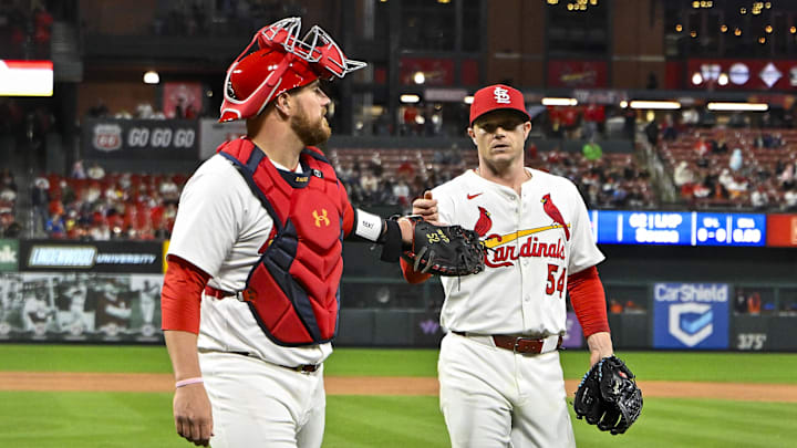 Apr 14, 2025; St. Louis, Missouri, USA; St. Louis Cardinals starting pitcher Sonny Gray (54) celebrates with catcher Pedro Pages (43) after the sixth inning against the Houston Astros at Busch Stadium. Mandatory Credit: Jeff Curry-Imagn Images Apr 14, 2025; St. Louis, Missouri, USA; St. Louis Cardinals starting pitcher Sonny Gray (54) celebrates with catcher Pedro Pages (43) after the sixth inning against the Houston Astros at Busch Stadium. Mandatory Credit: Jeff Curry-Imagn Images