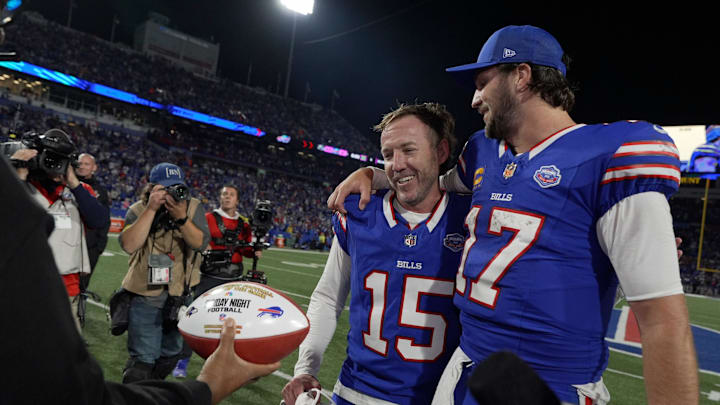 Buffalo Bills quarterback Josh Allen chats with Matt Prater who won the game with his field goal attempt. Prater received a Sunday Night football after the game at Highmark Stadium in Orchard Park on Sept. 7, 2025.