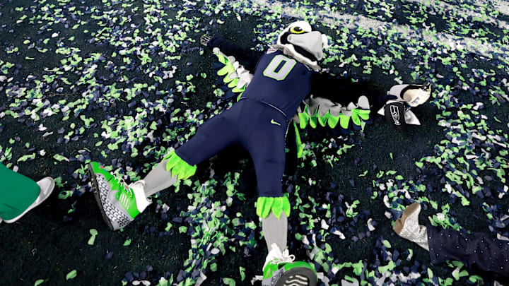 Feb 8, 2026; Santa Clara, CA, USA; Seattle Seahawks mascot Blitz celebrates after defeating New England Patriots in Super Bowl LX at Levi's Stadium. Mandatory Credit: Mark J. Rebilas-Imagn Images