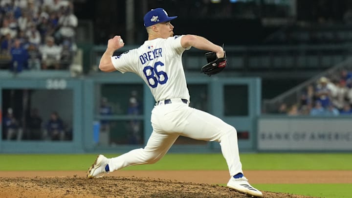 Oct 27, 2025; Los Angeles, California, USA; Los Angeles Dodgers pitcher Jack Dreyer (86) pitches against the Toronto Blue Jays in the eighth inning during game three of the 2025 MLB World Series at Dodger Stadium. Mandatory Credit: Kirby Lee-Imagn Images Oct 27, 2025; Los Angeles, California, USA; Los Angeles Dodgers pitcher Jack Dreyer (86) pitches against the Toronto Blue Jays in the eighth inning during game three of the 2025 MLB World Series at Dodger Stadium. Mandatory Credit: Kirby Lee-Imagn Images
