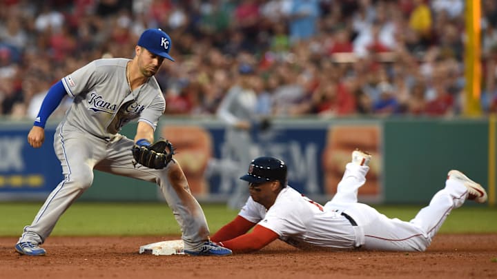 Aug 6, 2019; Boston, MA, USA; Boston Red Sox third baseman Rafael Devers (11) safe slides into second before the tag of Kansas City Royals second baseman Whit Merrifield (15) during the third inning at Fenway Park. Mandatory Credit: Bob DeChiara-Imagn Images Aug 6, 2019; Boston, MA, USA; Boston Red Sox third baseman Rafael Devers (11) safe slides into second before the tag of Kansas City Royals second baseman Whit Merrifield (15) during the third inning at Fenway Park. Mandatory Credit: Bob DeChiara-Imagn Images
