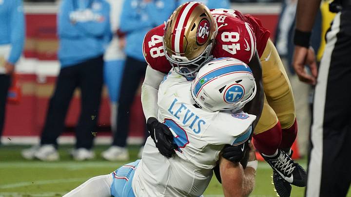 Aug 13, 2026; Santa Clara, California, USA; San Francisco 49ers linebacker Tatum Bethune (48) sacks Tennessee Titans quarterback Will Levis (8) in the third quarter at Levi's Stadium. Mandatory Credit: David Gonzales-Imagn Images Aug 13, 2026; Santa Clara, California, USA; San Francisco 49ers linebacker Tatum Bethune (48) sacks Tennessee Titans quarterback Will Levis (8) in the third quarter at Levi's Stadium. Mandatory Credit: David Gonzales-Imagn Images