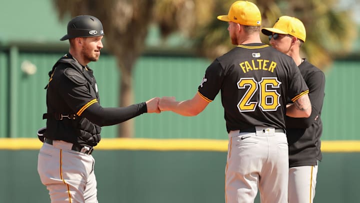 Feb 14, 2024; Bradenton, FL, USA; Pittsburgh Pirates catcher Yasmani Grandal (6) and Pittsburgh