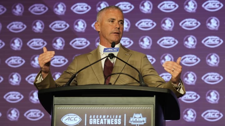 Jul 22, 2024; Charlotte, NC, USA; Florida State head coach Mike Norvell speaks to the media during ACC Kickoff at Hilton Charlotte Uptown. Mandatory Credit: Jim Dedmon-USA TODAY Sports Jul 22, 2024; Charlotte, NC, USA; Florida State head coach Mike Norvell speaks to the media during ACC Kickoff at Hilton Charlotte Uptown. Mandatory Credit: Jim Dedmon-USA TODAY Sports
