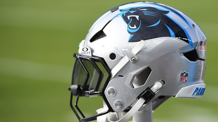 Dec 8, 2024; Philadelphia, Pennsylvania, USA; Carolina Panthers helmet rests on the bench against the Philadelphia Eagles at Lincoln Financial Field. Mandatory Credit: Eric Hartline-Imagn Images