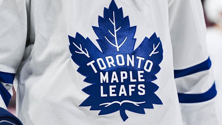 Jan 18, 2025; Montreal, Quebec, CAN; View of a Toronto Maple Leafs logo on a jersey worn by a member of the team during the second period at Bell Centre. Mandatory Credit: David Kirouac-Imagn Images