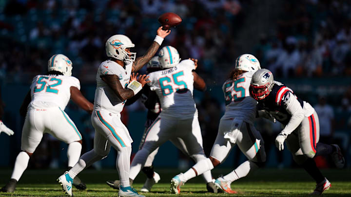 Miami Dolphins quarterback Tua Tagovailoa (1) attempts a pass against the New England Patriots during the second half at Hard Rock Stadium last season.