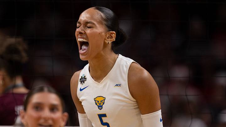 Dec 18, 2025; Kansas City, MO, USA;  Pittsburgh Panthers right-side hitter Olivia Babcock (5) celebrates in a 2025 NCAA Women’s Volleyball Championship semifinal match at T-Mobile Center. Mandatory Credit: Kylie Graham-Imagn Images