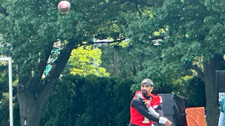 Jalen Hurts throws a pass furing an Eagles OTA pratice on June 3, 2025.