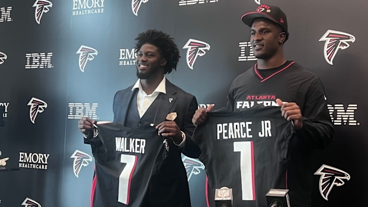 Atlanta Falcons first-round draft picks Jalon Walker and James Pearce Jr. met with the media Friday in Flowery Branch. Atlanta Falcons first-round draft picks Jalon Walker and James Pearce Jr. met with the media Friday in Flowery Branch.