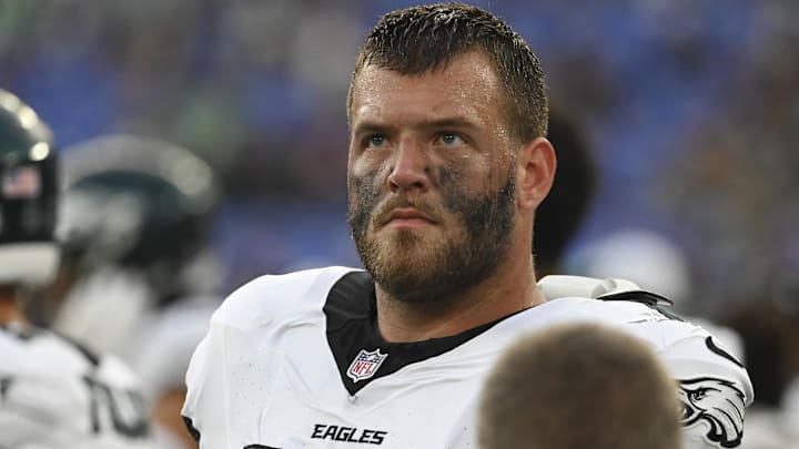 Aug 9, 2024; Baltimore, Maryland, USA; Philadelphia Eagles guard Trevor Keegan (79) stands on the sidelines  during the first half of a preseason game against the Baltimore Ravens at M&T Bank Stadium. Mandatory Credit: Tommy Gilligan-Imagn Images