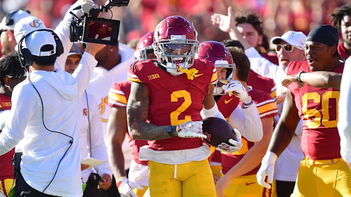 Nov 16, 2024; Los Angeles, California, USA; Southern California Trojans cornerback Jaylin Smith (2) reacts after intercepting a pass against the Nebraska Cornhuskers during the first half at the Los Angeles Memorial Coliseum. Mandatory Credit: Gary A. Vasquez-Imagn Images Nov 16, 2024; Los Angeles, California, USA; Southern California Trojans cornerback Jaylin Smith (2) reacts after intercepting a pass against the Nebraska Cornhuskers during the first half at the Los Angeles Memorial Coliseum. Mandatory Credit: Gary A. Vasquez-Imagn Images